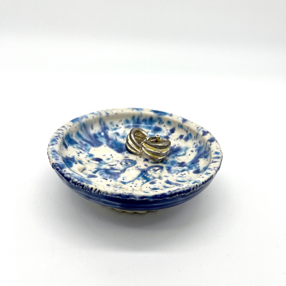 Handmade Pottery Trinket‎ Dish Ring Holder Blue White Speckled Small Fish Signed